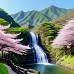 A panoramic view of Yangmingshan National Park in springtime, with cherry blossoms in full bloom, mountains in the background, and a cascading waterfall.