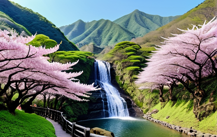 A panoramic view of Yangmingshan National Park in springtime, with cherry blossoms in full bloom, mountains in the background, and a cascading waterfall.