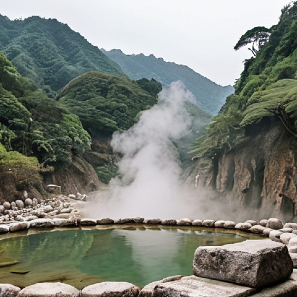 **Beitou Thermal Valley, Taipei:** Serene landscape of Beitou Thermal Valley (Hell Valley) in Taiwan. Focus on the steaming hot springs, surrounding rocks, and tranquil atmosphere. Include elements reminiscent of Japanese colonial influence.