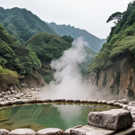**Beitou Thermal Valley, Taipei:** Serene landscape of Beitou Thermal Valley (Hell Valley) in Taiwan. Focus on the steaming hot springs, surrounding rocks, and tranquil atmosphere. Include elements reminiscent of Japanese colonial influence.