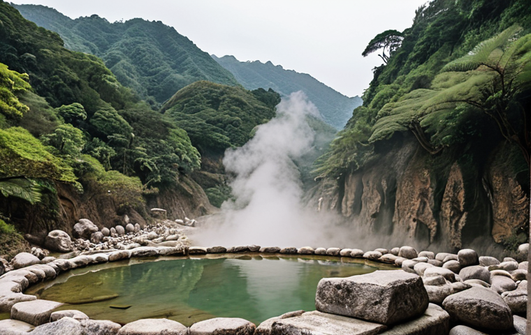 **Beitou Thermal Valley, Taipei:** Serene landscape of Beitou Thermal Valley (Hell Valley) in Taiwan. Focus on the steaming hot springs, surrounding rocks, and tranquil atmosphere. Include elements reminiscent of Japanese colonial influence.