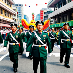 **

A vibrant Double Ten Day (Do-Dashami) parade in Taiwan. Focus on the colorful costumes of the participants (military, students, cultural groups). Background should show the festive atmosphere of the city streets with decorations and cheering crowds, fully clothed, appropriate attire, safe for work, perfect anatomy, natural proportions, professional photography, high quality, family-friendly.

**