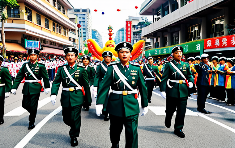 **

A vibrant Double Ten Day (Do-Dashami) parade in Taiwan. Focus on the colorful costumes of the participants (military, students, cultural groups). Background should show the festive atmosphere of the city streets with decorations and cheering crowds, fully clothed, appropriate attire, safe for work, perfect anatomy, natural proportions, professional photography, high quality, family-friendly.

**